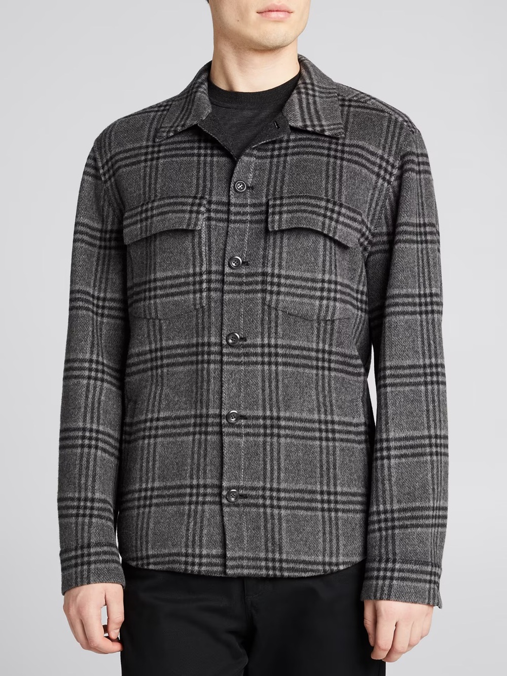 vince men’s cashmere triple check plaid overshirt